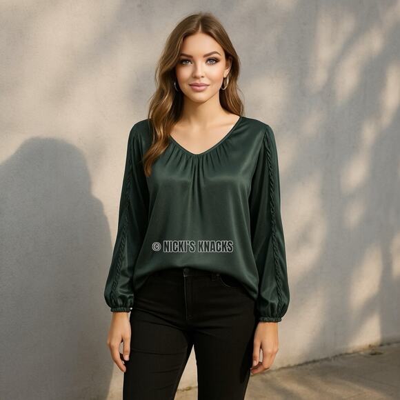 Green Satin V-Neck Blouse Ruffle Sleeve Size XL Nine Britton NWT Stitch Fix Top - Picture 1 of 11